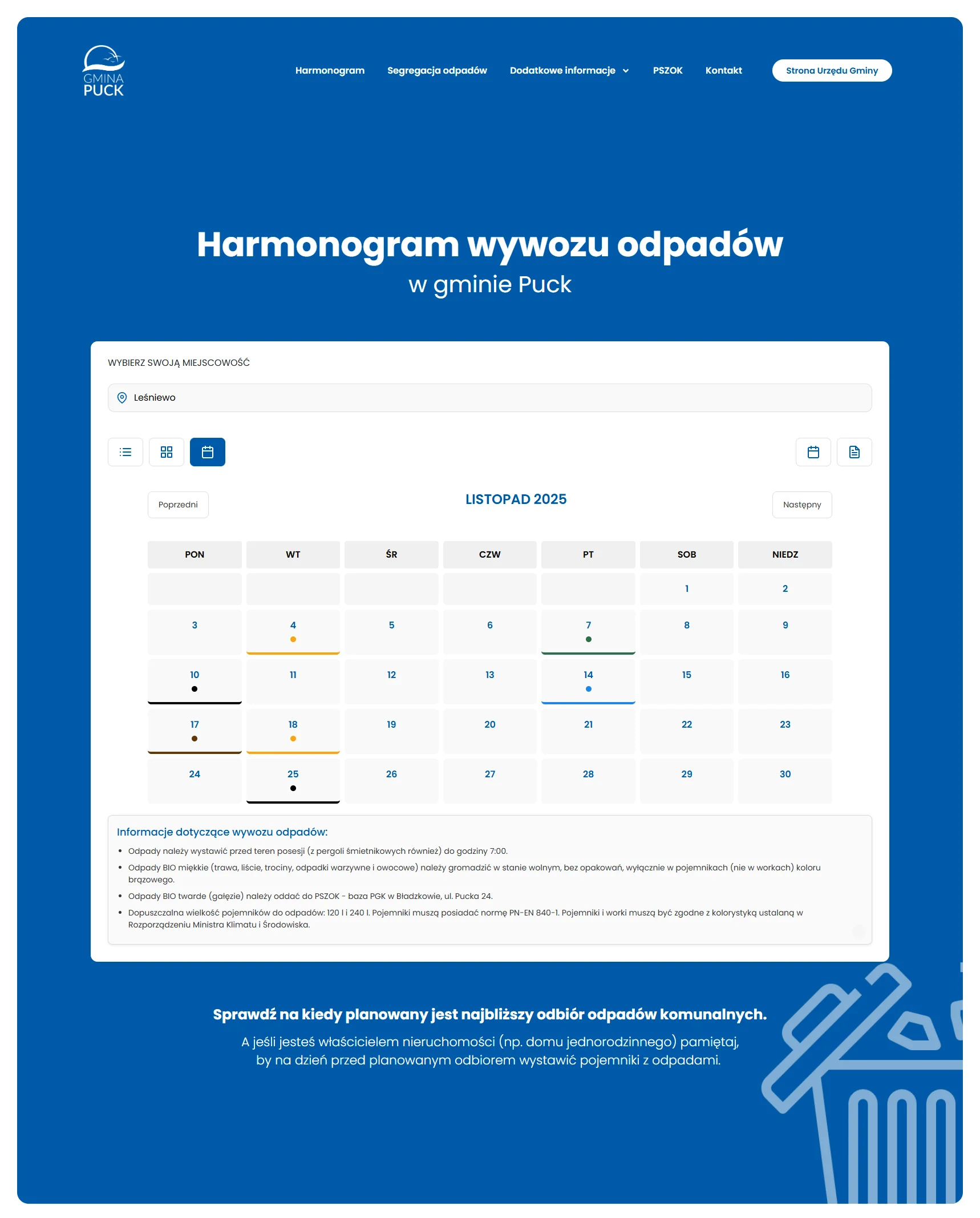 Widok kalendarz — harmonogram odpadów